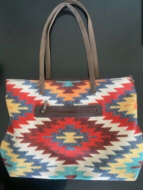 Wrangler Multicolor Aztec Tote with Brown Handles